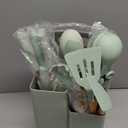 19 Piece Silicone Cookware Set - Kitchen Utensil Set with 9 Silicone Utensils, 5 Stainless Steel Knives, Wooden Handle, Light Green