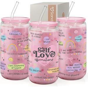 SANDJEST Inspiration Glass Can, Self Love Iced Coffee Aesthetic Cup, Gifts for Christmas Birthday, Gift for Women Girls, 16oz