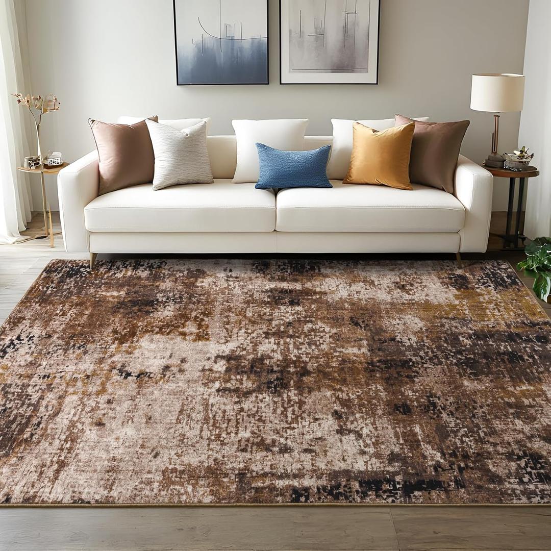 Merelax 3x5 Washable Entryway Area Rug, Brown Red Small Area Rugs for Living Room Bedroom Kitchen, Boho Abstract Office Rug, Soft Modern Non Slip Low Pile Carpet for Dining Room Kids Room