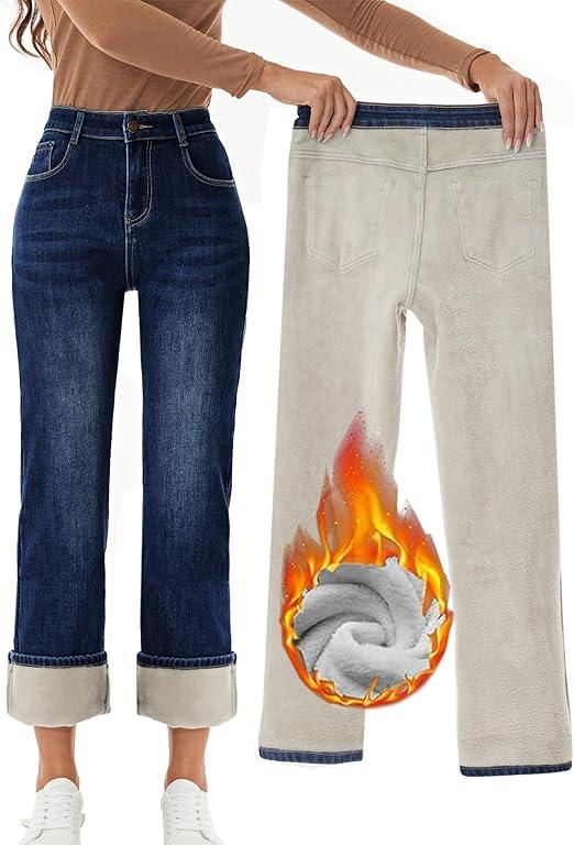 Yehopere Women's Fleece Lined Jeans Straight Leg Wide Jeans Winter Sherpa Flannel Lined Thermal Denim Pants, Medium