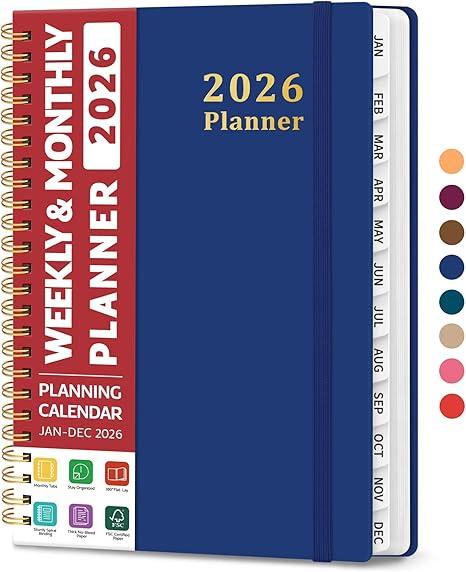 2026 Planner, Weekly and Monthly Calendar Planner, January 2026 - December 2026, Hardcover 2026 Calendar Book with Tabs For Women & Men, Inner Pocket, Spiral Bound, Perfect for Office Home School Supplies - A5 (6.3" x 8.5"), Deep Blue