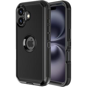 Jiunai for iPhone 16 Plus Case Heavy Duty Strong Shockproof Port Protection Dustproof Screenless Dual Layer Tough Non Slip Protective Cover Rugged Phone Case for iPhone 16 Plus 6.7'' Men Women Black