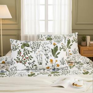 King Size Pillowcases Set of 2, 100% Cotton Pillow Cases, Vintage Green Floral Pillow Covers, Soft Breathable Natural Pillow Case with Envelope Closure (King, 20"x36")