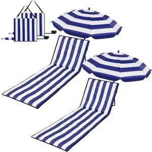 Briwooody 2 Set Beach Chairs with Umbrella Portable Beach Lounger Lightweight Foldable Outdoor Lounger Chair for Outdoor Travel Sunbathing Camping(Stripe Style,Blue,White,Large)