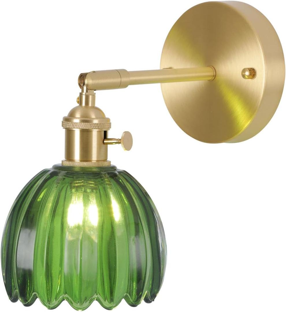 Vintage Wall Sconces  Green Tulip Glass Lampshade, 180 Adjustable Brass Fixture, Hardwired Modern Lighting with Switch, Ideal for Bedside, Bedroom & Doorway, Retro-Chic Design, Flexible Angle