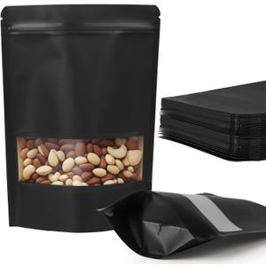 100 Pcs Black Kraft Paper Bags with Window, 3.5" x 5.5" Stand Up Pouches Bags, Food Storage Bags for Packaging Products, Reusable, Sealable