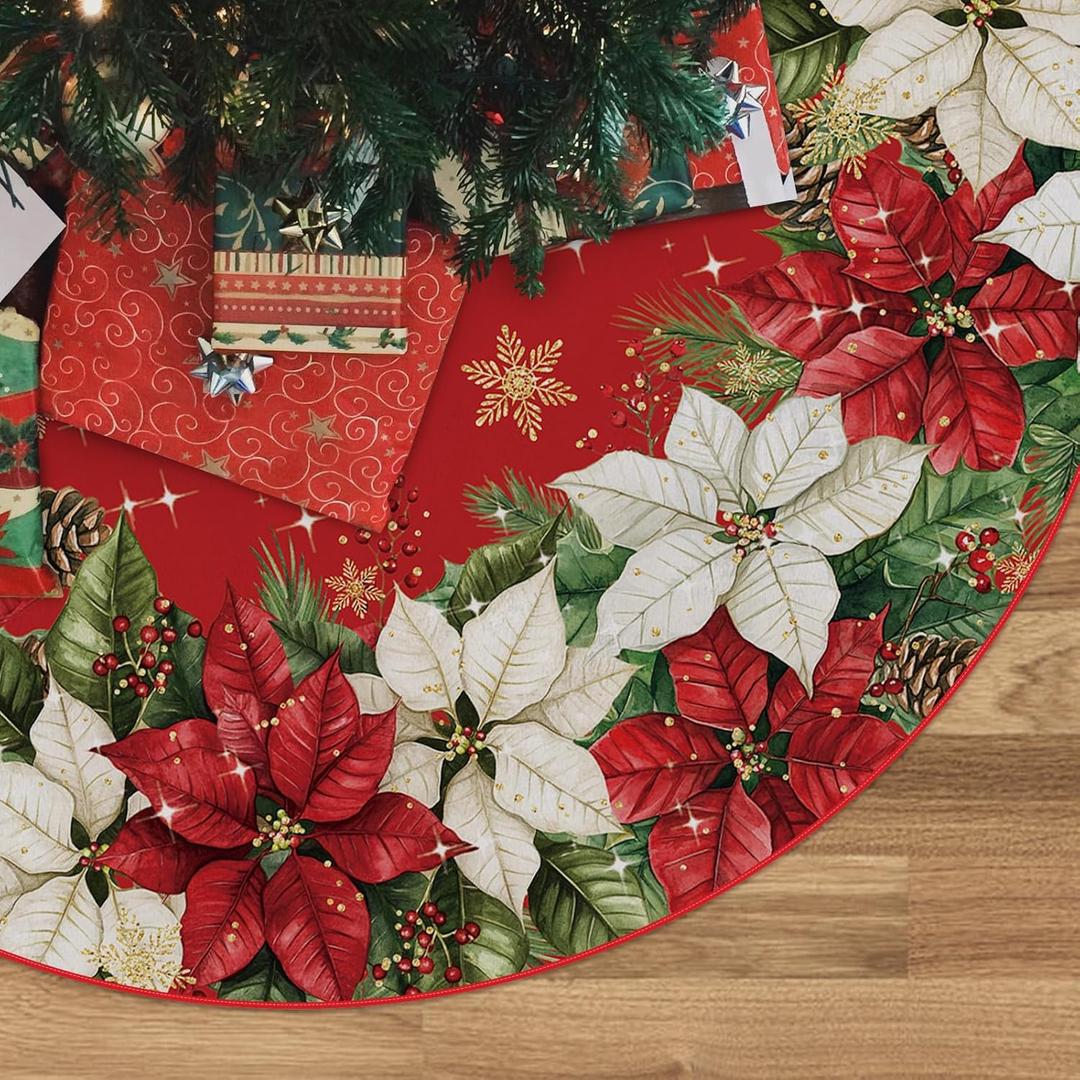 Christmas Tree Skirt Red Poinsettia Christmas Decorations Xmas Tree Mat 36 Inch Winter Christmas Decor for Home