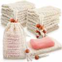 60 Pack Mesh Soap Saver Bags, 5.3 x 3.7 Inch Natural Sisal Exfoliating Soap Pouch Holder with Drawstring for Lathering, Drying, and Shower Use, Beige