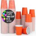 Party Solids Orange Paper Cups 9 oz Durable Disposable Cups 100 Paper Tumblers for Hot Drinks and Cold Drinks Thick 280 GSM Hot Cup for Tea & Coffee Cup To Go Fun Colors for Parties & Events