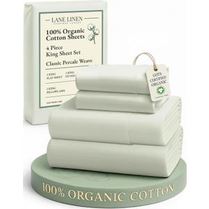 LANE LINEN 100% Organic Cotton King Bed Sheet Set, Bedsheets 4Pc Soft Cooling Fully Elasticized Mercerised All Season Sustainably Produced Cotton Sheets King Size, Oeko Tex Sheets - Mineral