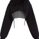 COZYEASE Women's Sports Cropped Sweatshirt Hollow Out Crop Tops Drop Shoulder Drawstring Pullover Cropped Hoodie (Medium, Black)