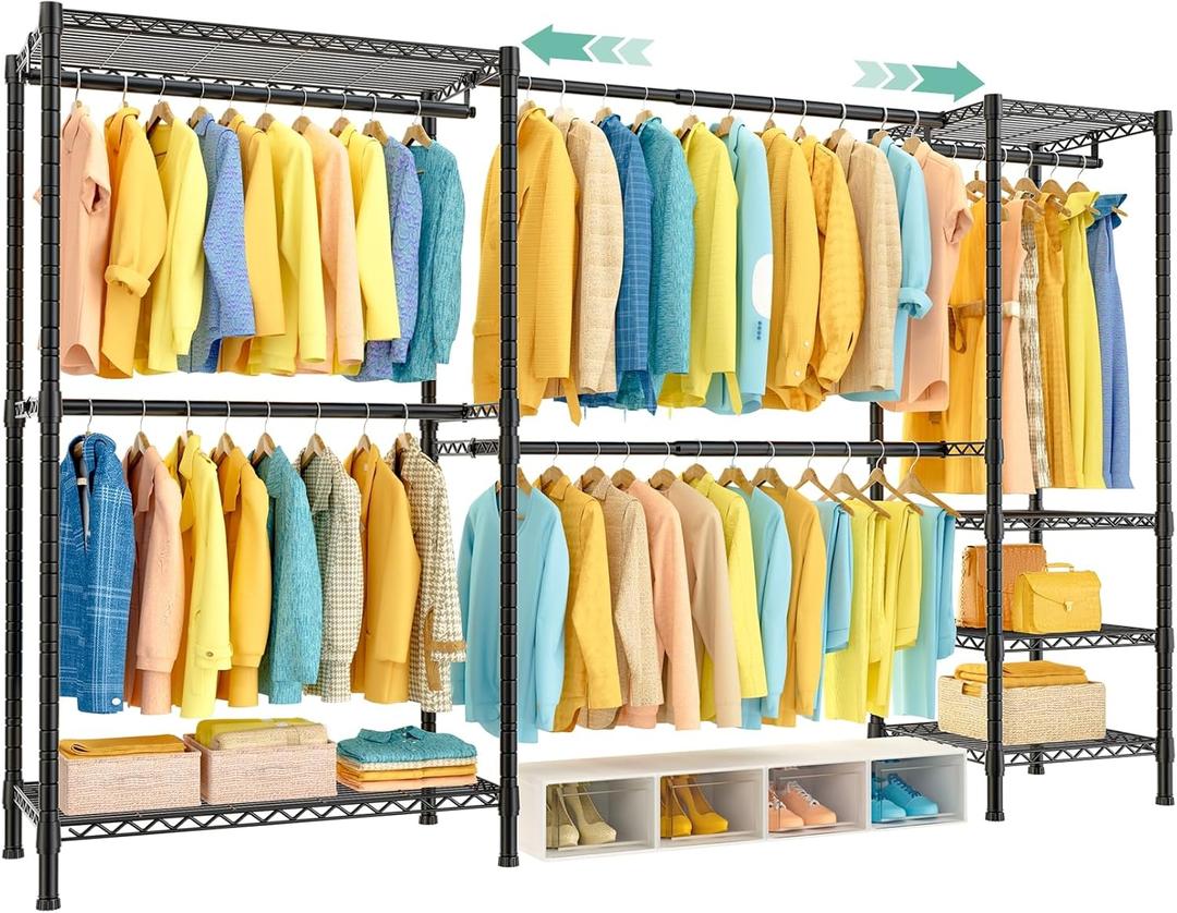 SEMHOR E01 Expandable Heavy Duty Clothes Rack, Free Standing Closet System Organizer, Adjustable Portable Carbon Steel Garment & Clothing Racks for Hanging Clothes (72.5-96"), 800LBS Max Load, Black