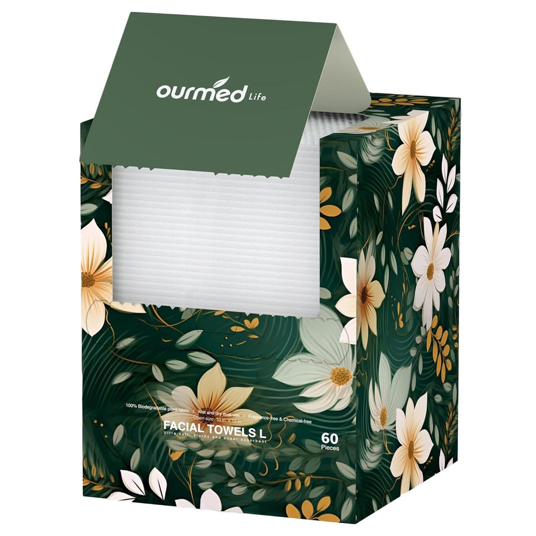 Ourmed Life Disposable Face Towels, Clean Facial Wash Cloth without Lint, Biodegradable Cleansing Dry Wipes, Skincare and Makeup Remover Towels for Sensitive Skin (Unscented, 60 Count, Pack of 1)