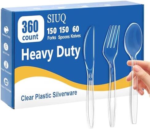 SIUQ 360 Count Heavy Duty Clear Plastic Silverware, 150 Forks, 150 Spoons, 60 Knives, Disposable Plastic Utensils Set, Plastic Cutlery Set, Plasticware Bulk for Parties, Catering, Picnic