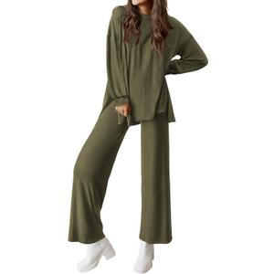 PRETTYGARDEN Womens 2 Piece Outfits Crewneck Long Sleeve Pullover Tops Wide Leg Long Pants Casual Lounge Set Travel Tracksuit (Small, Army Green)