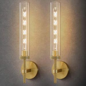 Brass Knurled Tube Wall Sconce  Set of 2 Luxury Modern Glass Sconces with Bulbs  Gold Dimmable Indoor Lighting  Vertical Mounted Light Fixture for Vanity Mirror Bathroom Bedroom Living Room Hallway