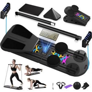 Pilates Board, Foldable Pilates Reformer Set for Home Workout with Timer, 6-in-1 Multifunctional Portable Reformer Pilates Machine at Home Pilates Equipment for Fitness, Exercise, Abs, Core Training (Black)