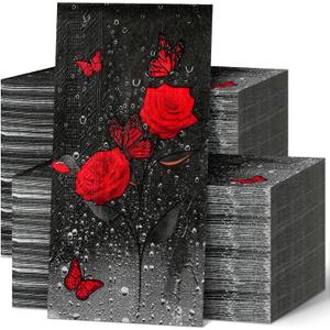 200 Pieces Red Rose Guest Napkins Derby Napkins 2 Ply Floral Disposable Guest Towels for Bathroom Floral Bathroom Paper Hand Towels for Kitchen Holiday Party Supplies Home Party Decoration