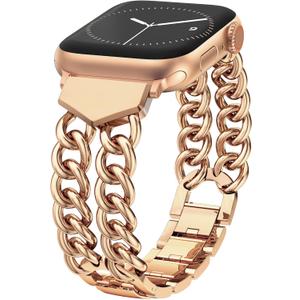 Double Chain Bracelet Compatible with Apple Watch Band 38/40/41/42/44/45/46/49mm, Dressy Stainless Steel Metal Designer Link Strap for iWatch Ultra3/2/1 SE3/2/1 Series 11 10 9 8 7 6 5 4 3 2 1 (Rose Gold)