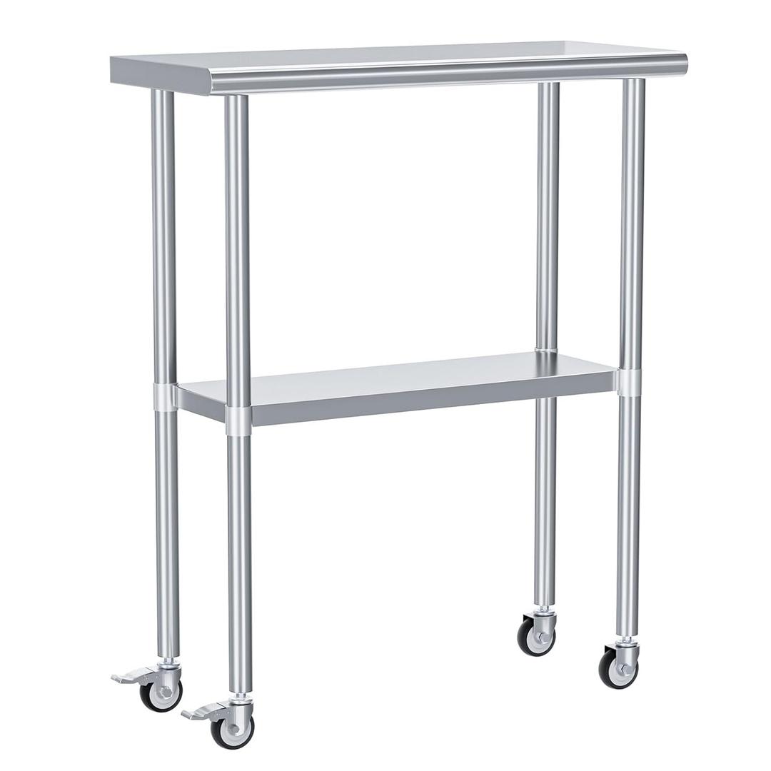 Stainless Steel Prep & Work Table with Adjustable Shelf, with Wheels, Commercial Workstations, Utility Table in Kitchen Garage Laundry Room Outdoor BBQ, 14" X 30"