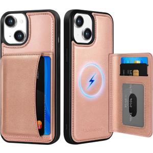 Uppuppy for iPhone 15 Case with Wallet - Fits 4 Card Slots, Compatible with MagSafe for Women Aesthetic Durable PU Leather Credit Card Holder Kickstand Phone Cover for Apple 15, Rose Gold