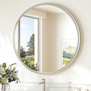 TokeShimi 24 Inch Circle Bathroom Mirror Brushed Nickel, Tempered Round Wall Mirror, Shatterproof 24x24 Hanging Wall Mirrored Farmhouse for Bedroom, Entryway, Restroom, Vanity, Living Room