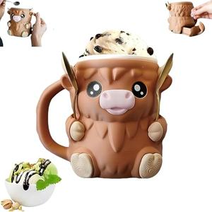 Ice Cream Pint Holder, Highland Cow Ice Cream Holder, with 1 spoon, Gift for cream Lovers.2