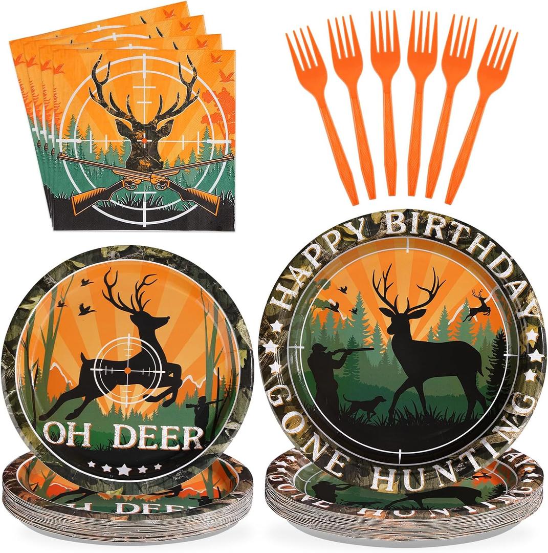 96Pcs Hunting Camo Party Supplies Oh Deer Hunting Birthday Party Decorations 350GSM Disposable Hunting Theme Birthday Tableware Set Camo Plates Napkins Forks for Outdoor Camping Picnic Decor Serves 24