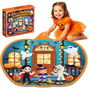 45 Pcs Halloween Floor Puzzle for Kids Age 4-8, Jumbo Pumpkin Jigsaw Puzzles Halloween Boo Basket Gifts Stuffers for Kids Girls Boys