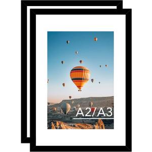 JCJMY 16.5x23.4 A2 Picture Frame Set of 2 Black with 11.7x16.5 A3 Mat, Display Photo 11.7x16.5 with Mat or 16.5 x 23.4 Without Mat, Wall Hanging Large Frame with Plexiglass, 2 Pack, Black