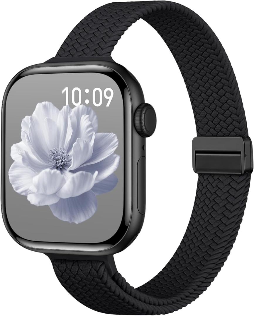 Slim Stretchy Band Compatible with Apple Watch Bands 40mm 41mm 42mm 38mm 44mm 45mm 46mm Women Men, Thin Elastic Nylon Sport Braided Solo Loop Magnetic Strap for iWatch Series 11 10 9 8 7 6 5 4 3 SE 2 (Black)