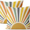 Boho Pillow Covers 18x18 Set of 2 Stripes Colorful Yellow Sunshine Decorative Pillow Cases Summer Rainbow Sun Outdoor Cushion Cover Cute Farmhouse Linen Decor Throw Pillows for Couch Sofa