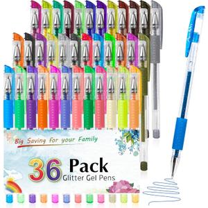 Aen Art Glitter Gel Pens for Adult Coloring Books, 36 Colors Gel Marker Set Colored Pen with 40% More Ink for Kids Drawing, Doodling, Crafts and Taking Note