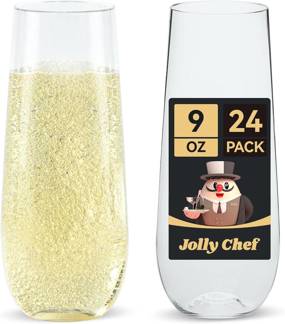 JOLLY CHEF 24 Pack Stemless Plastic Champagne Flutes 9 oz, Crystal Clear Stemless Plastic Toasting Glasses, Clear Disposable Unbreakable Drinkware Ideal for Wedding, Birthday, Party (Clear-24pack)