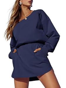 Fisoew Womens Long Sleeve Athletic Dress Backless Keyhole Built-in Shorts Oversized Workout Active Dresses Navy Blue Medium