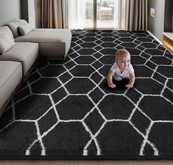 Area Rug for Living Room Bedroom, 4X6 Feet Soft Shaggy Rug, Plush Fluffy Rugs, Modern Moroccan Geometric Carpets, Anti-Skid Durable Carpet for Kids Dorm Nursery, Home Decor Aesthetic, Black and White