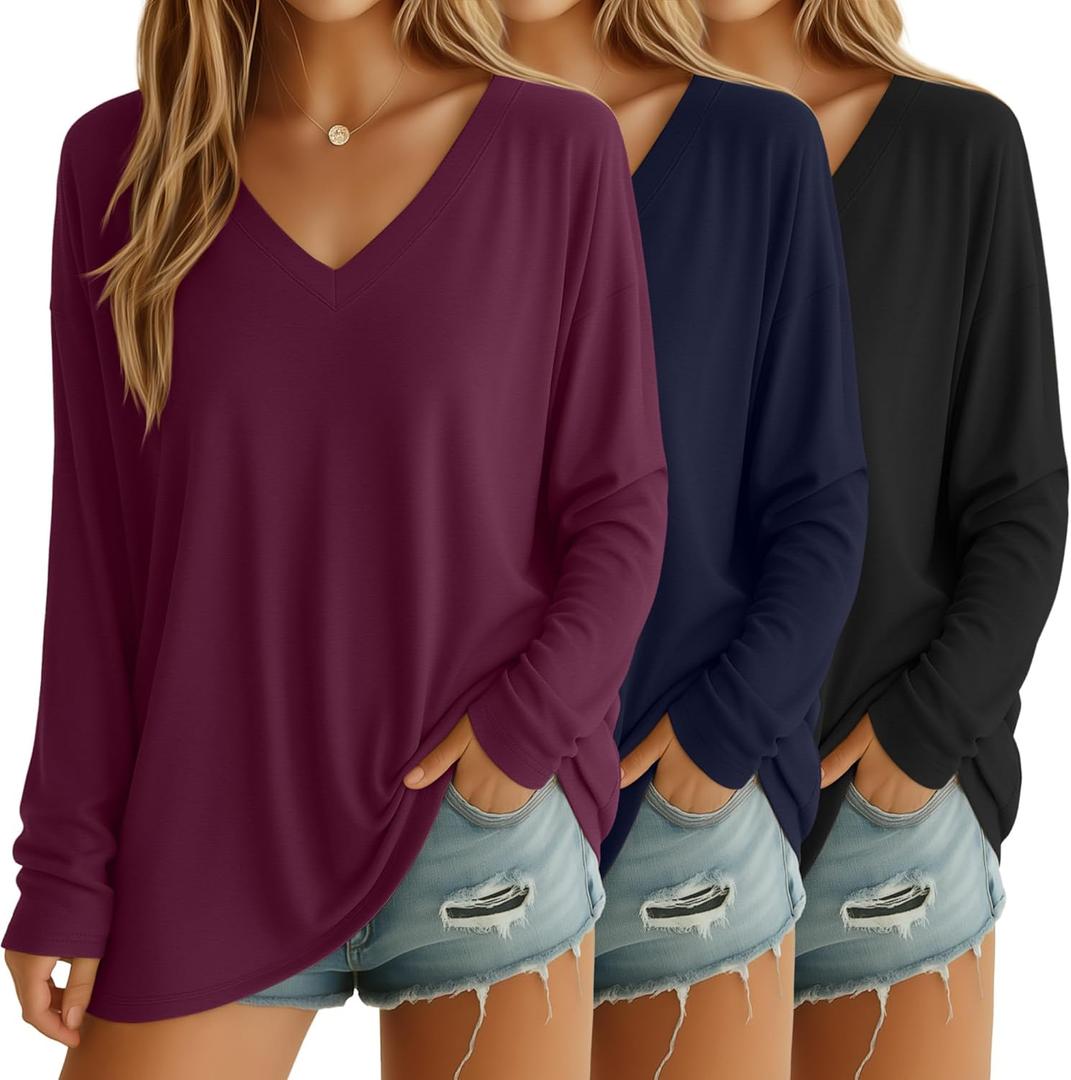 3 Pack Womens Oversized T Shirts Long Sleeve V Neck Cotton Basic Tops Loose Fit Workout Tees Fall Winter Outfits (Small, Black, Navy Blue, Fuchsia)
