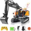 DOUBLE E Volvo RC Excavator 17 Channel 3 in 1 Construction Toys, 17 Channel Remote Control Vehicles Tractor Sandbox Toys Digger with Metal Shovel Drill Grab RC Truck for Kids Adults