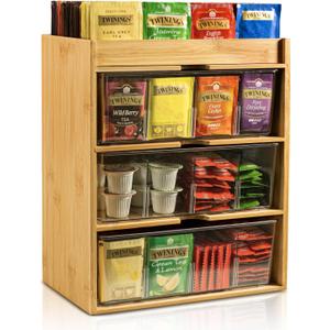 Tea Bag Organizer - Bamboo Tea Storage With Drawer 3 Layer, Organizer for Tea Bags Natural Wood & Acrylic for Countertop Office Kitchen Cabinet Pantry