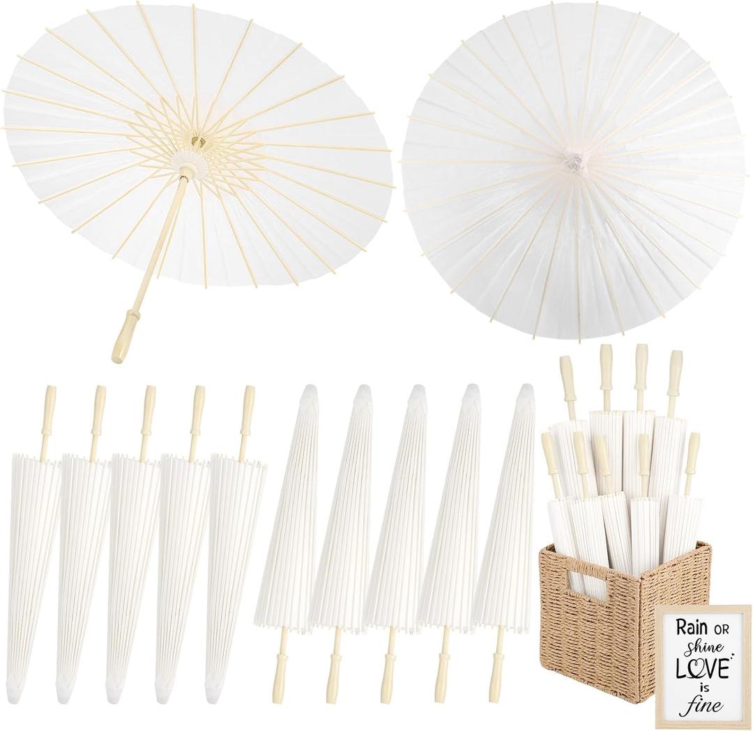 12 Pack Paper Umbrellas for Weddings 33.1 Inch White Paper Parasols for Guests with Woven Storage Basket and Photo Frame for Wedding Anniversary Parties Bridal Showers Party, 12pcs 33.1inch