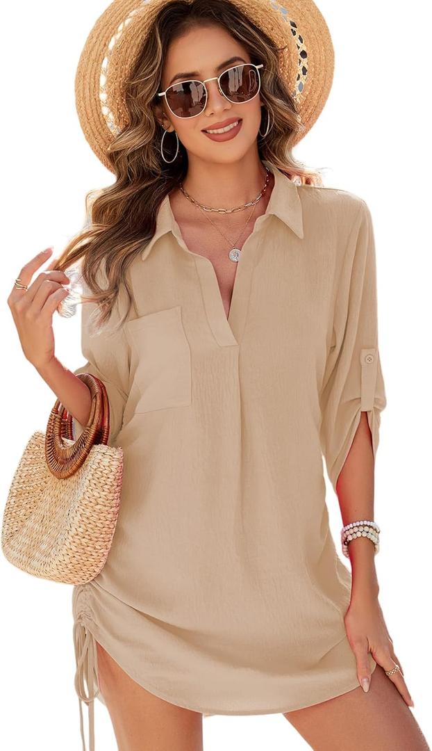 Urchics Swimsuit Coverup for Women 2025 Drawstring V Neck Bikini Swimwear Beach Cover Up Beach Shirt Dress (XX-Large, Apricot)