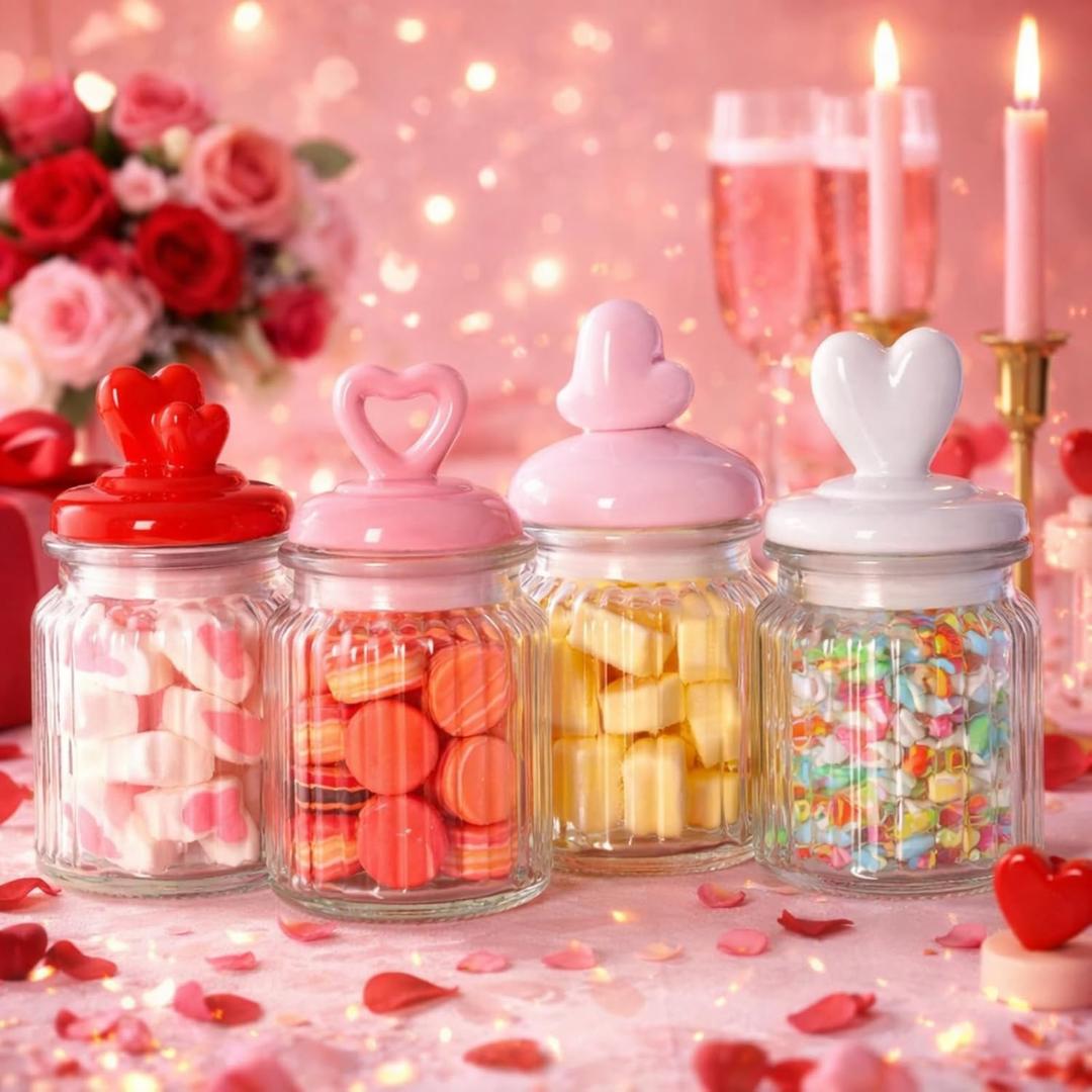 Qinyoung 4 Pcs 16 oz Valentine's Day Glass Candy Jars Clear Valentines Containers with Ceramic Heart Lid Cute Decorative Storage Jars for Cookie Chocolate Nut(Pink,Red,Light Pink,White,Various Heart)