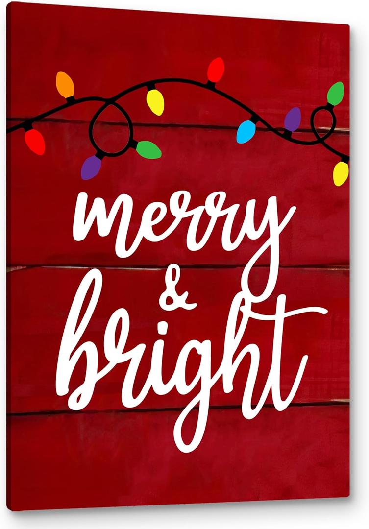 PHAMTE Merry And Bright Wall Art,Christmas Canvas Wall Art,Farmhouse Rustic Christmas Sign String Lights Red Festive Print Framed Canvas Painting Wall Art Home Room Bedroom Decor 16x24 Inch