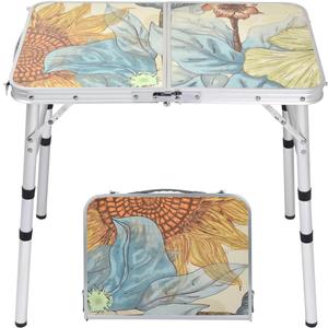 Small Folding Camping Table, 2ft Portable Picnic Table Aluminum 24" x 16" Folding Table, 3 Adjustable Heights Portable Lightweight Table Dining Table for RV, Picnic, Beach (Sunflower)