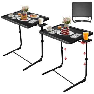 A AIKOOL Set of 2 Adjustable TV Tray Tables, Folding TV Dinner Trays with Cup Holder, 6 Height Levels & 3 Tilt Angles, Portable Laptop Snack Side Table for Sofa Bed Bedroom, Black