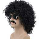 karlery Mens Short Curly Black Mustache Beard Afro Wig California Rocker Disco Halloween Cosplay Anime Costume Party Wig (Black)