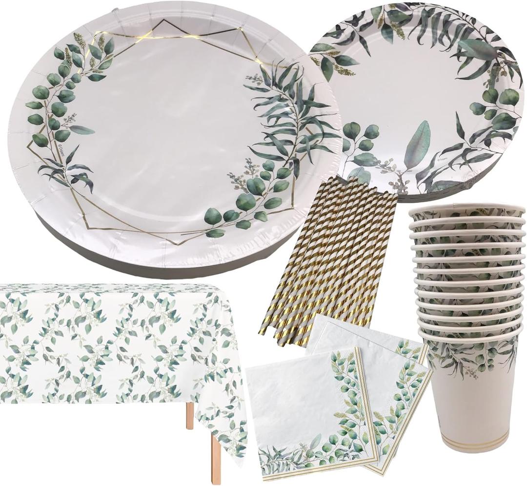 Serves 24 Complete Eucalyptus Greenery Floral Party Supplies, Includes Paper Plates, Cups, Napkins, Straws and 2 Table Covers Ideal for Baby Showers, Weddings, Birthdays, Tea Party, Bridal Showers