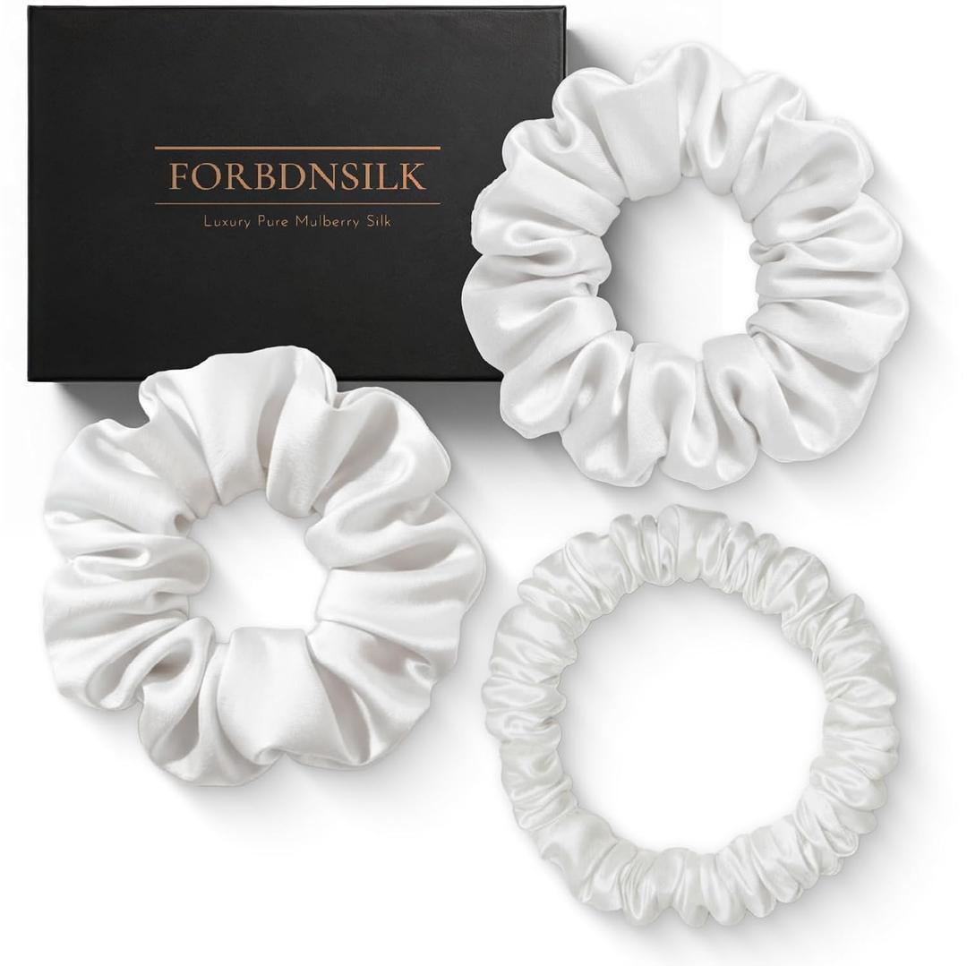 100% Pure 22 Momme Mulberry Silk Scrunchies (Set of 3) | Highest grade (6A) Luxury Hair Ties| (Black,White,Pink) | (White, Standard/Small/Skinny)