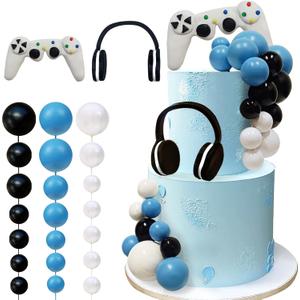 26 PCS Video Game Themes Cake Toppers Headset Cake Decoration Ball Cake Decoration Game Controller Cake Decoration for Game Theme Birthday Party Cake Decoration (White)