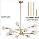 RUIYEY Modern Sputnik Chandeliers Light, 12-Light Gold Gold Dining Room Chandelier Over Table, Height Adjustable Industrial Semi Flush Mount Mid Century Chandelier for Kitchen Island Living Room